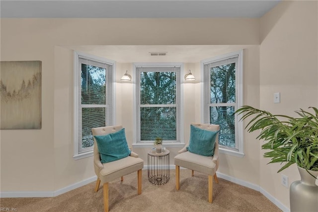 sitting room with light colored carpet