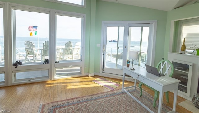 entryway featuring lofted ceiling, a wealth of natural light, and a water view