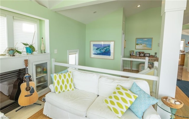 living room with lofted ceiling and hardwood / wood-style floors