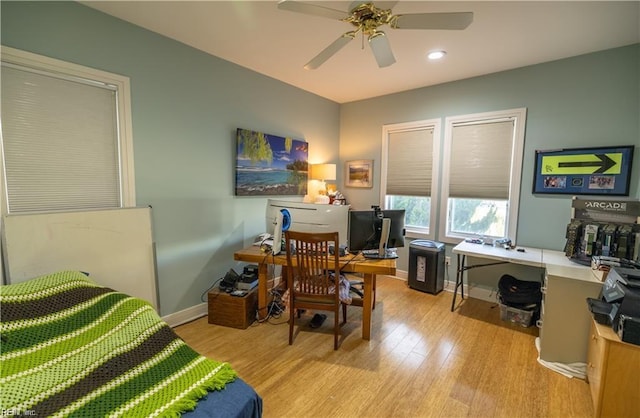 office area featuring ceiling fan and light hardwood / wood-style flooring