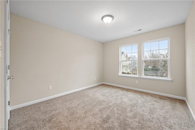 spare room featuring carpet flooring and a textured ceiling