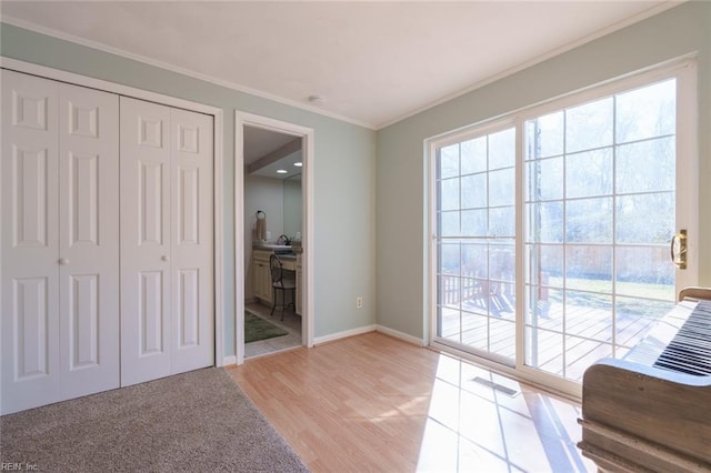 interior space with ornamental molding, light hardwood / wood-style floors, and plenty of natural light