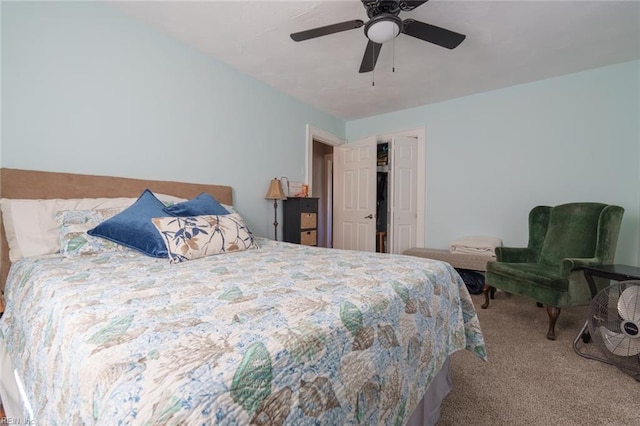 bedroom with ceiling fan and carpet floors