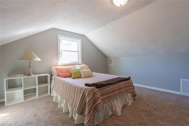 bedroom with carpet and lofted ceiling