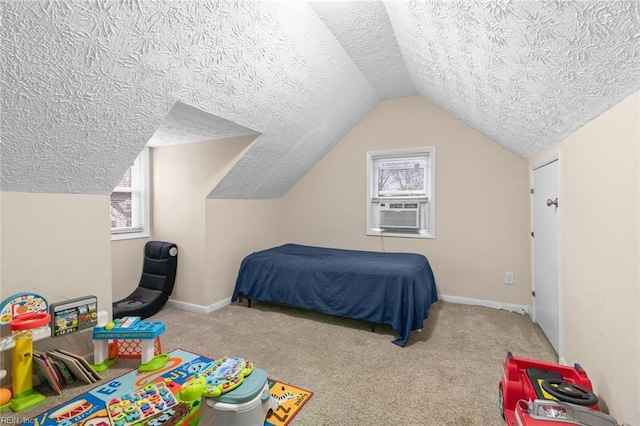 bedroom with multiple windows, cooling unit, lofted ceiling, and carpet flooring