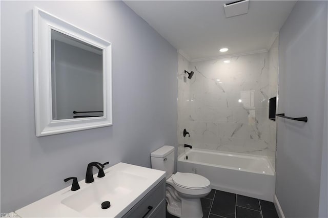 full bathroom with tiled shower / bath, vanity, tile patterned floors, and toilet