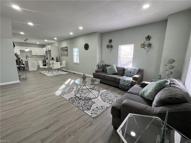 living room featuring sink, a textured ceiling, and light wood-type flooring