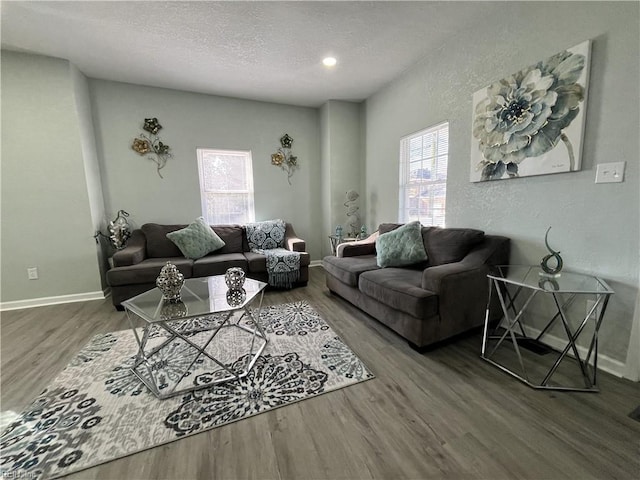 living room with wood-type flooring and a textured ceiling