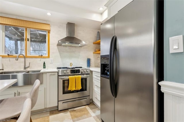 kitchen with appliances with stainless steel finishes, sink, white cabinets, decorative backsplash, and wall chimney range hood