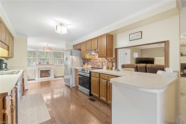 kitchen with appliances with stainless steel finishes, sink, kitchen peninsula, crown molding, and light wood-type flooring