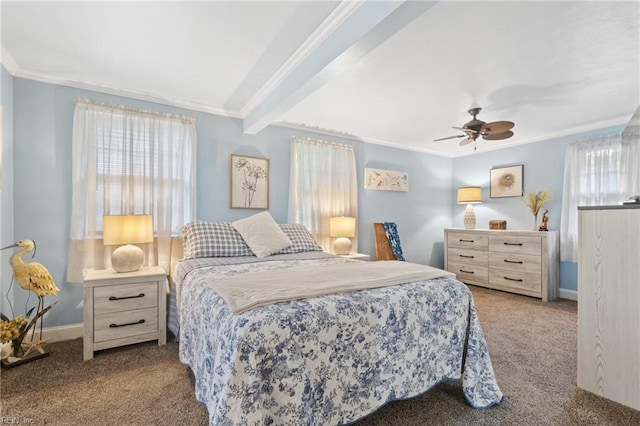 bedroom with beamed ceiling, light colored carpet, ornamental molding, and ceiling fan