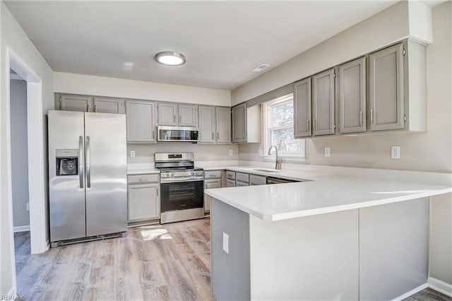 kitchen featuring appliances with stainless steel finishes, sink, gray cabinetry, kitchen peninsula, and light hardwood / wood-style flooring