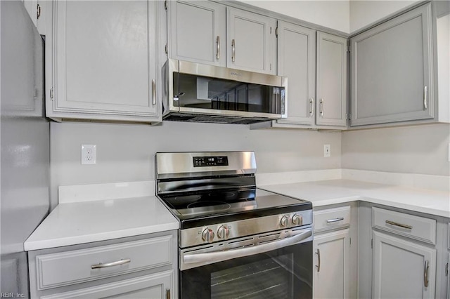 kitchen with gray cabinets and appliances with stainless steel finishes