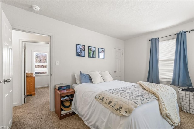 bedroom featuring multiple windows, light carpet, and a textured ceiling