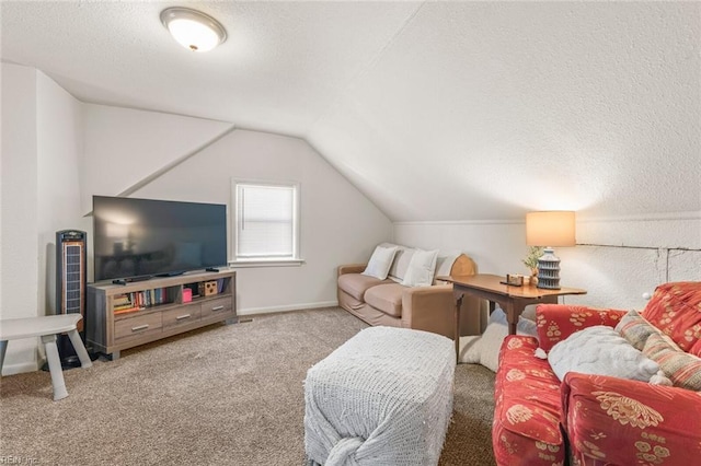 carpeted living room with lofted ceiling and a textured ceiling