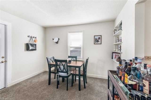 carpeted dining area with a textured ceiling