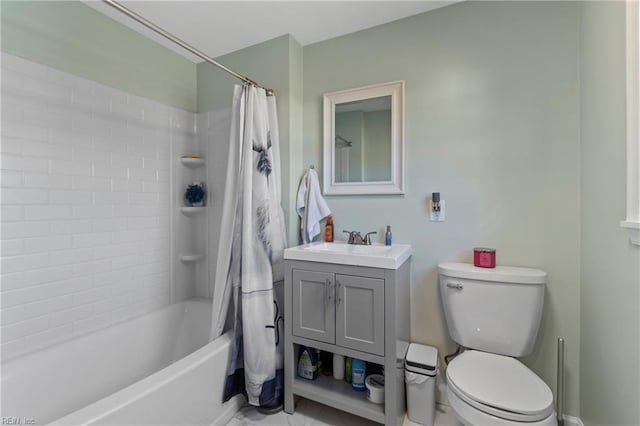 full bathroom with vanity, shower / bath combination with curtain, and toilet