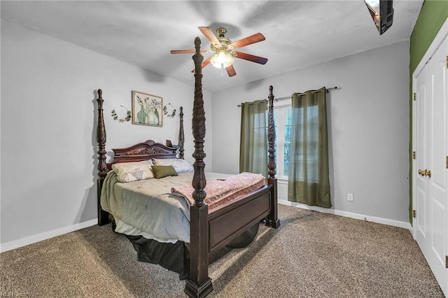 carpeted bedroom with ceiling fan