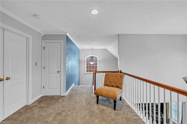 living area with ornamental molding and carpet flooring