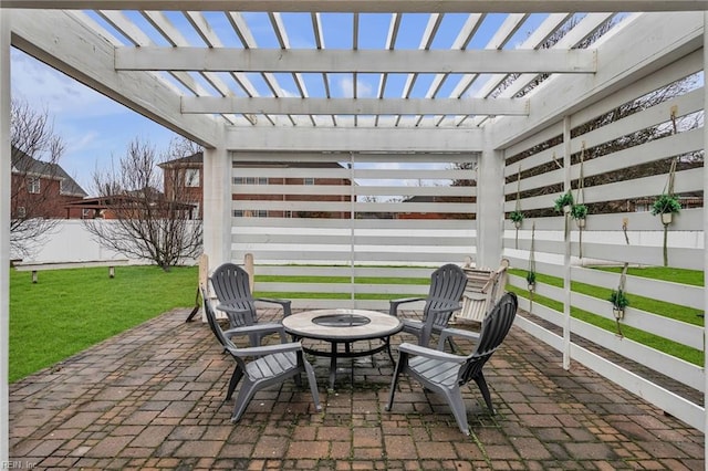 view of patio / terrace featuring a pergola and a fire pit