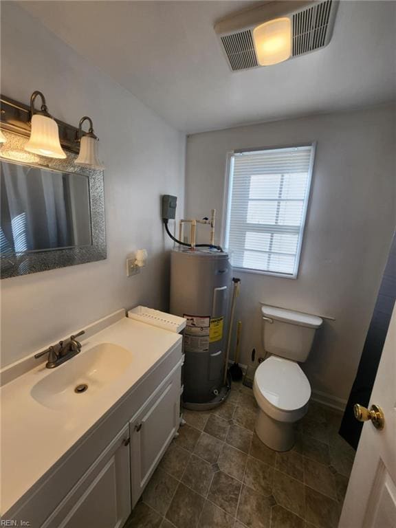 full bath featuring baseboards, visible vents, toilet, electric water heater, and vanity