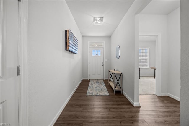 doorway with dark wood-type flooring