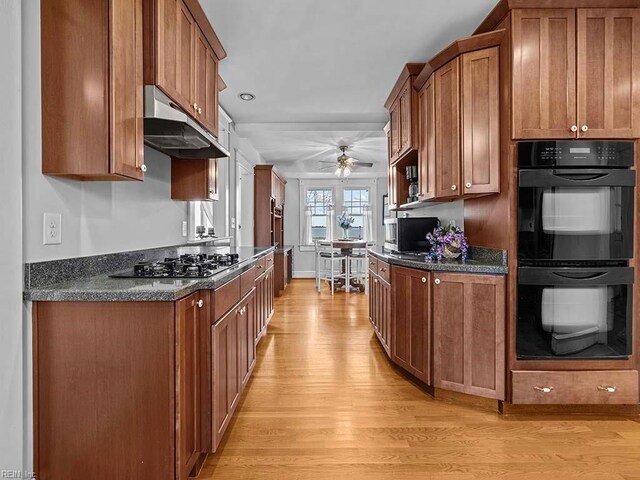 kitchen featuring dark stone countertops, light hardwood / wood-style flooring, ceiling fan, and appliances with stainless steel finishes