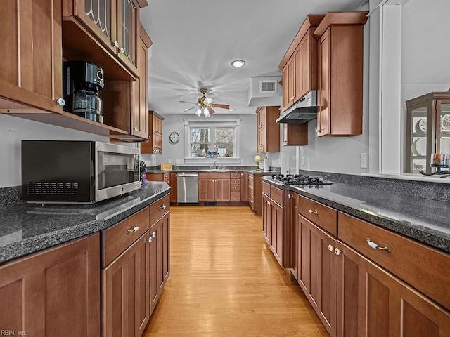 kitchen featuring sink, dark stone counters, ceiling fan, stainless steel appliances, and light hardwood / wood-style floors