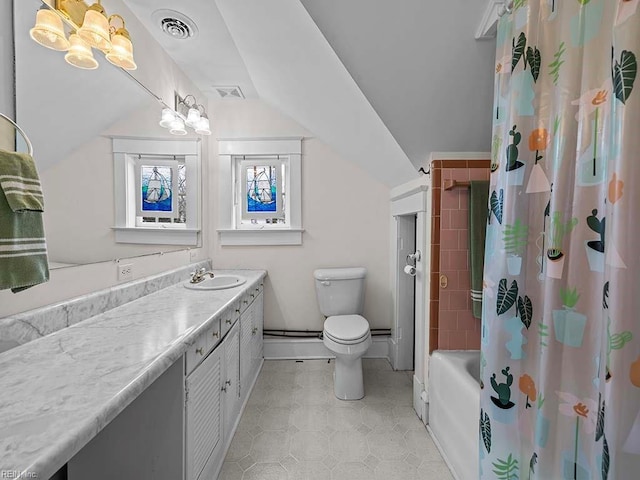 full bathroom with toilet, vaulted ceiling, vanity, shower / bath combo, and tile patterned flooring