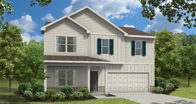 view of front of home with a garage, brick siding, concrete driveway, board and batten siding, and a front yard