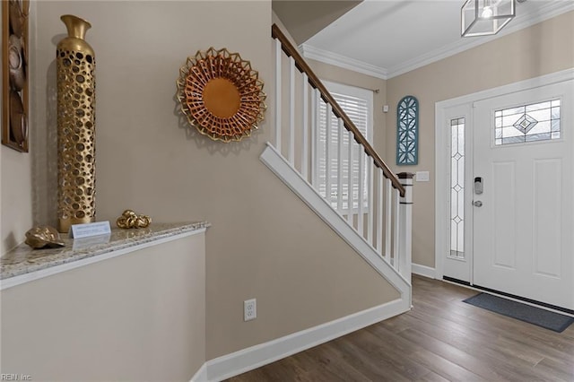 entrance foyer featuring plenty of natural light, ornamental molding, baseboards, and wood finished floors