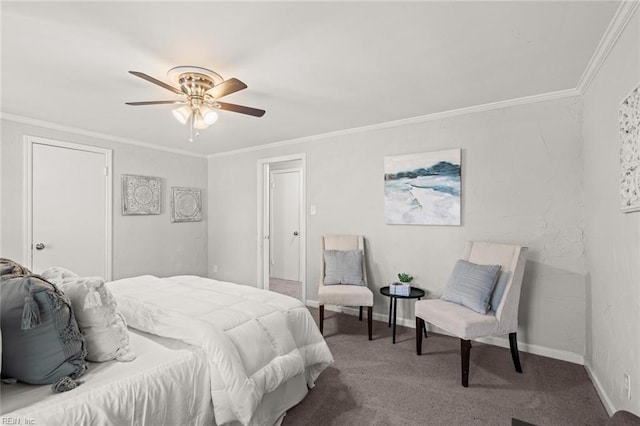 carpeted bedroom with ceiling fan and crown molding