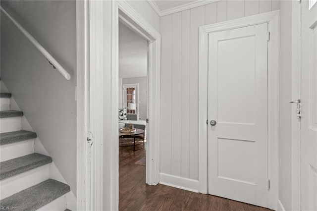 stairs with hardwood / wood-style flooring and crown molding