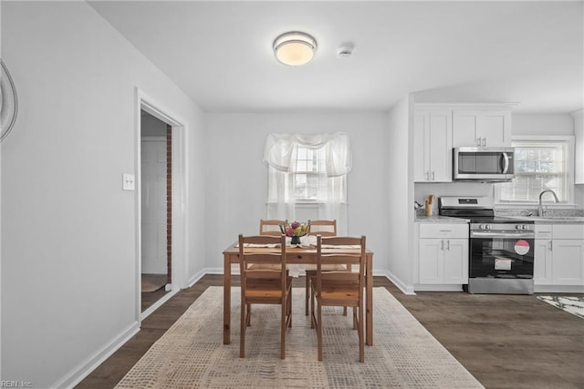 dining space featuring dark hardwood / wood-style floors and sink