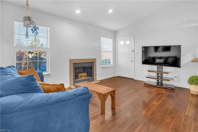 living room featuring vaulted ceiling, dark wood-type flooring, and a fireplace