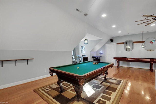 rec room with light wood-type flooring, billiards, visible vents, and lofted ceiling