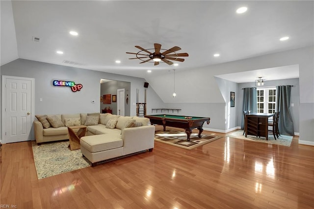 game room featuring lofted ceiling, light wood-style flooring, recessed lighting, pool table, and visible vents