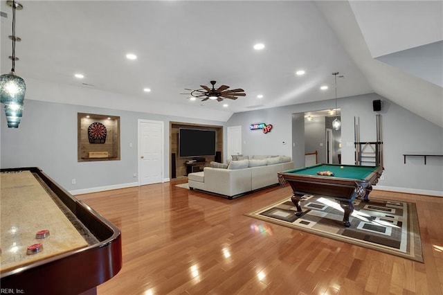 recreation room with recessed lighting, vaulted ceiling, billiards, and wood finished floors