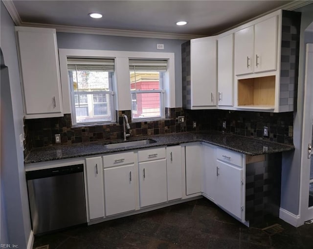 kitchen with white cabinetry, sink, stainless steel dishwasher, and crown molding