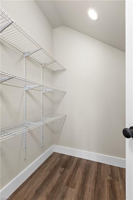 spacious closet with vaulted ceiling and dark wood-style floors