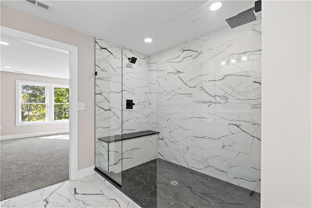 bathroom with recessed lighting, marble finish floor, visible vents, a marble finish shower, and baseboards