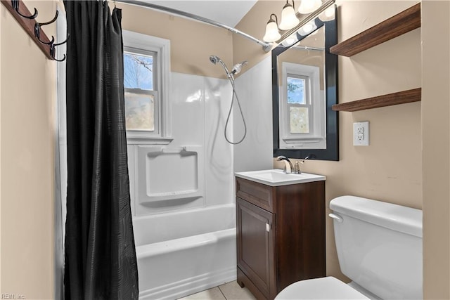 full bathroom with shower / bath combination with curtain, tile patterned floors, vanity, and toilet