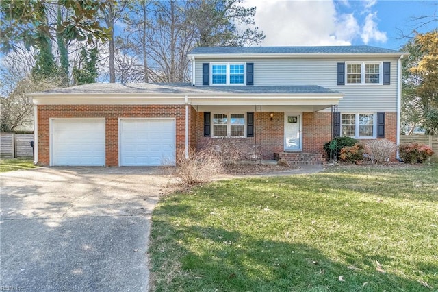 view of front of house featuring a garage, driveway, brick siding, and a front yard