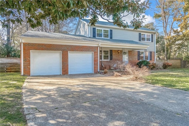 view of front of property featuring concrete driveway, brick siding, an attached garage, and fence