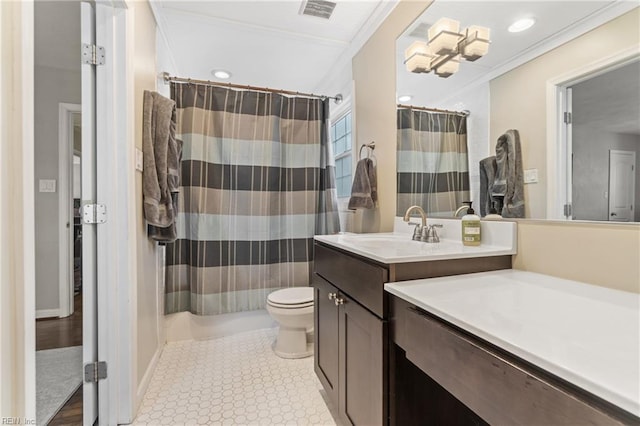 full bathroom with recessed lighting, visible vents, toilet, ornamental molding, and vanity