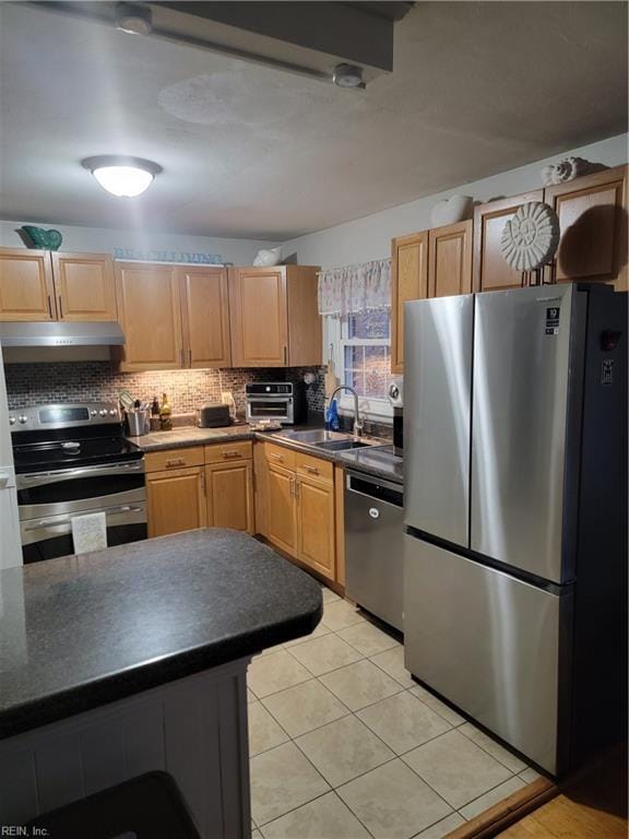 kitchen with stainless steel appliances, light tile patterned flooring, sink, and backsplash