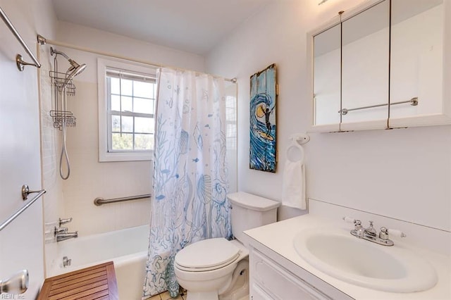 full bathroom featuring toilet, shower / bath combination with curtain, and vanity