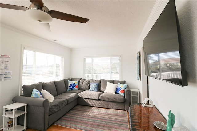 living room with hardwood / wood-style floors, ceiling fan, and crown molding