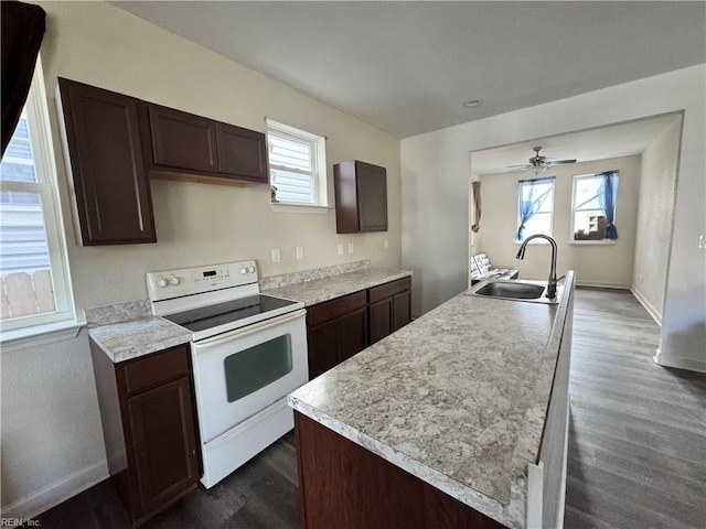 kitchen featuring an island with sink, sink, white range with electric cooktop, and dark hardwood / wood-style floors