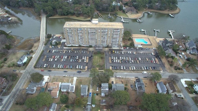 drone / aerial view with a water view